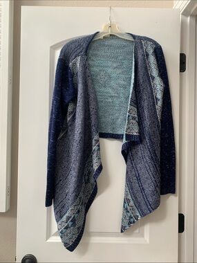 Open-Front Blue Patterned Women's Cardigan Sweater